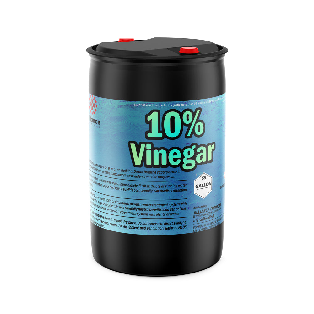 55-gallon black drum of 10% industrial vinegar solution (acetic acid), featuring safety warnings, blue label, and dual red cap system.